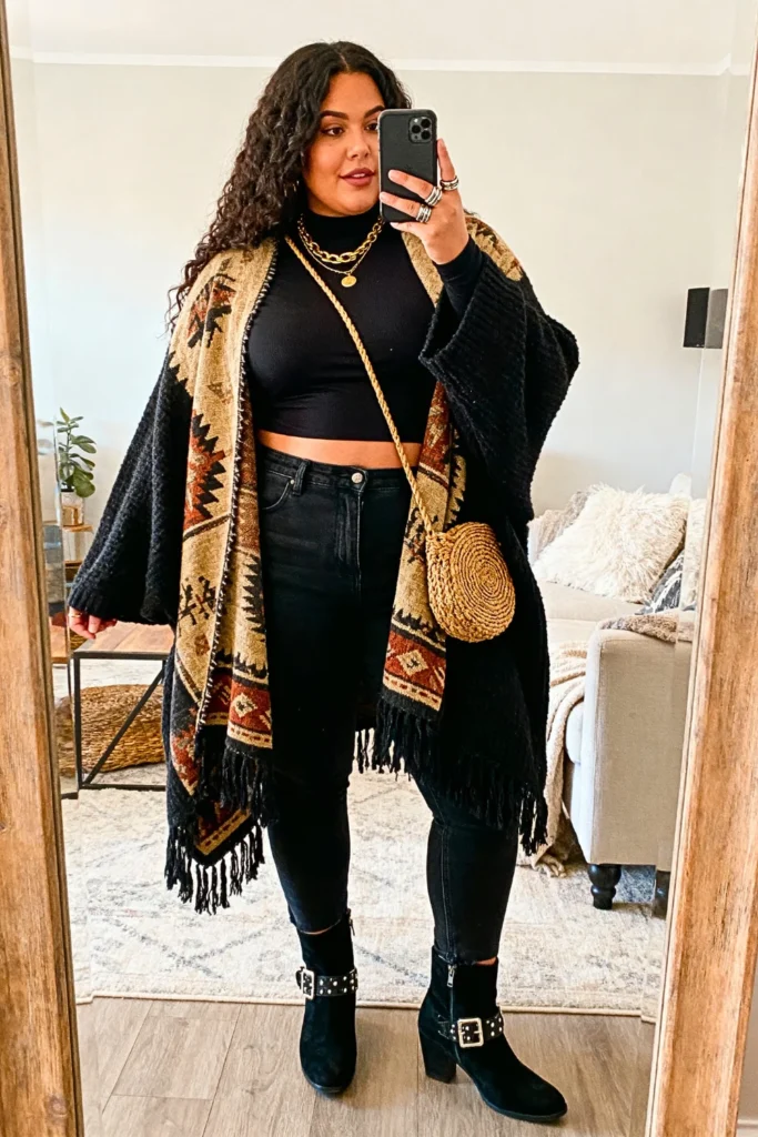 Plus Size Boho Tapestry Shawl with Grunge Basics Outfit