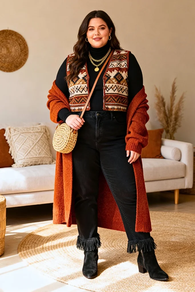 Plus Size Boho Tapestry Vest with Black Ensemble Outfit