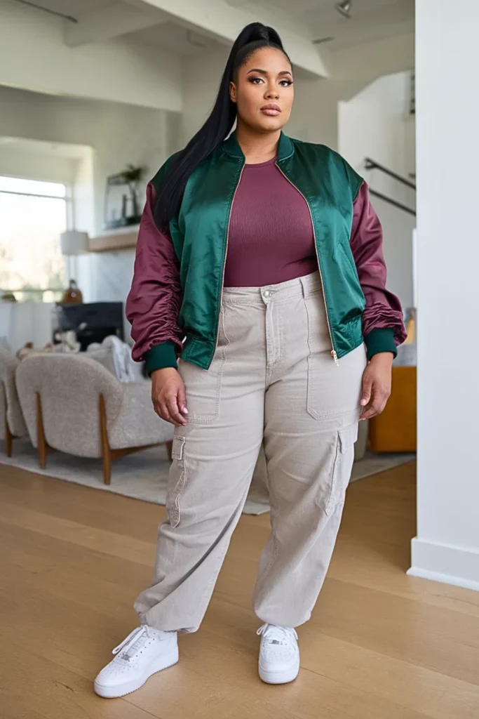 Plus Size Bomber Jacket With Henley And Cargo Pants Outfit