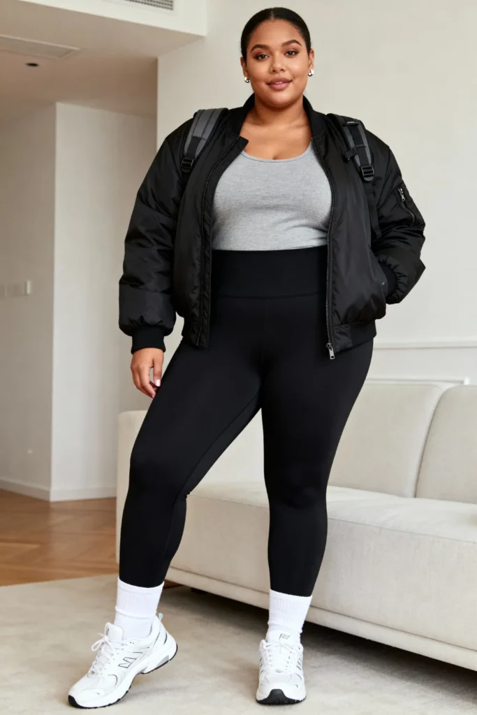 Plus Size Bomber Jacket with Leggings and Tank Sporty Casual Look