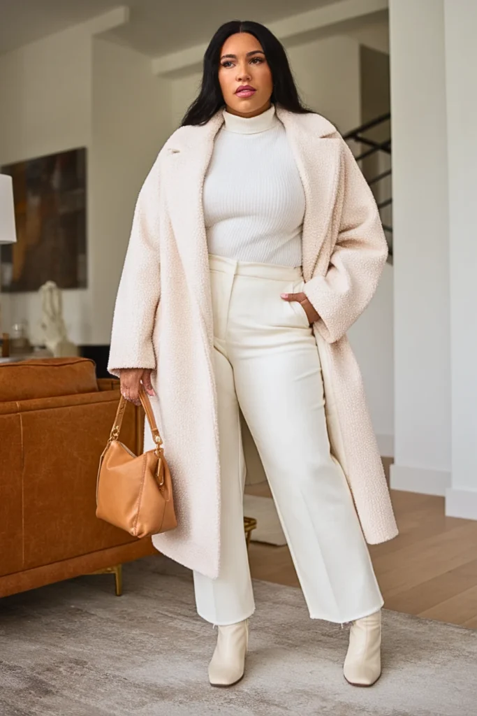 Plus Size Bouclé Coat with Monochrome Outfit Winter Outfit