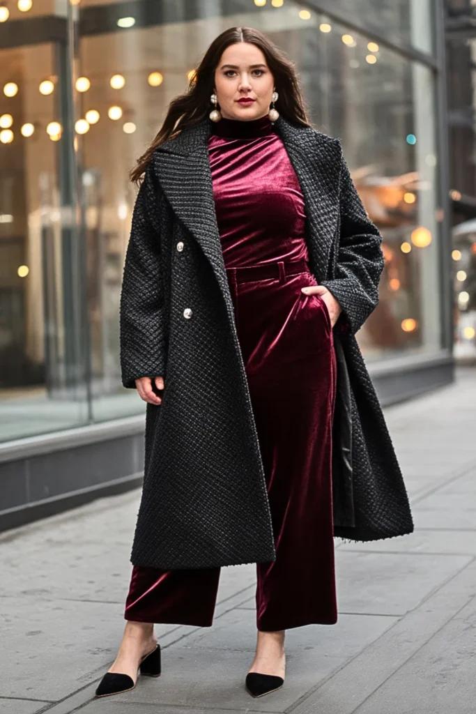 Plus Size Bouclé Coat with Velvet Pants Winter Outfit