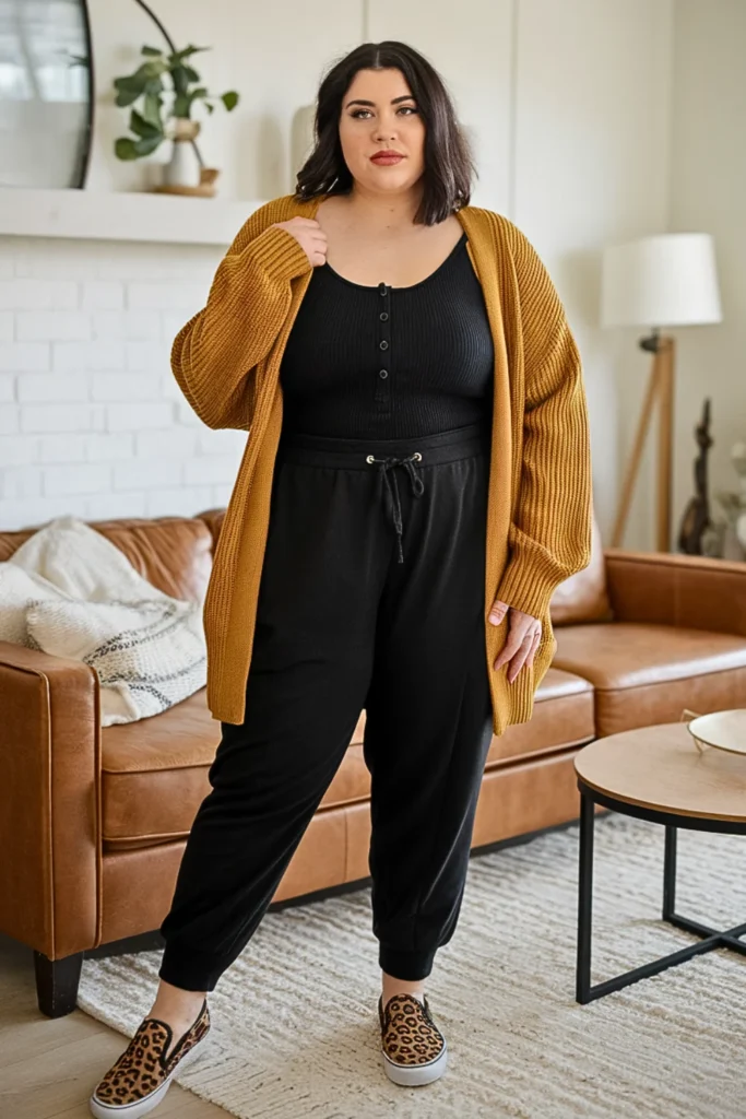 Plus Size Boyfriend Cardigan with Camisole and Joggers Outfit