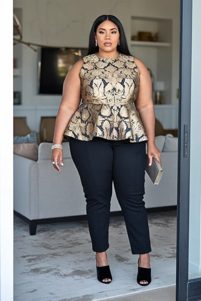 Plus Size Brocade Peplum Top and Slim Pants Winter Outfit