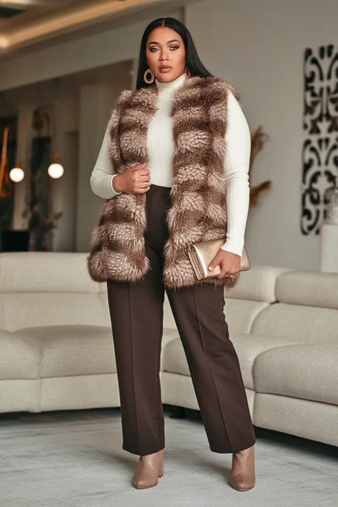 Plus Size Brown Faux Fur Vest with Sweater Outfit