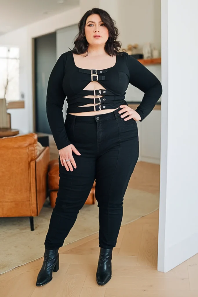 Plus Size Buckle Strap Top With High-Waisted Pants Outfit