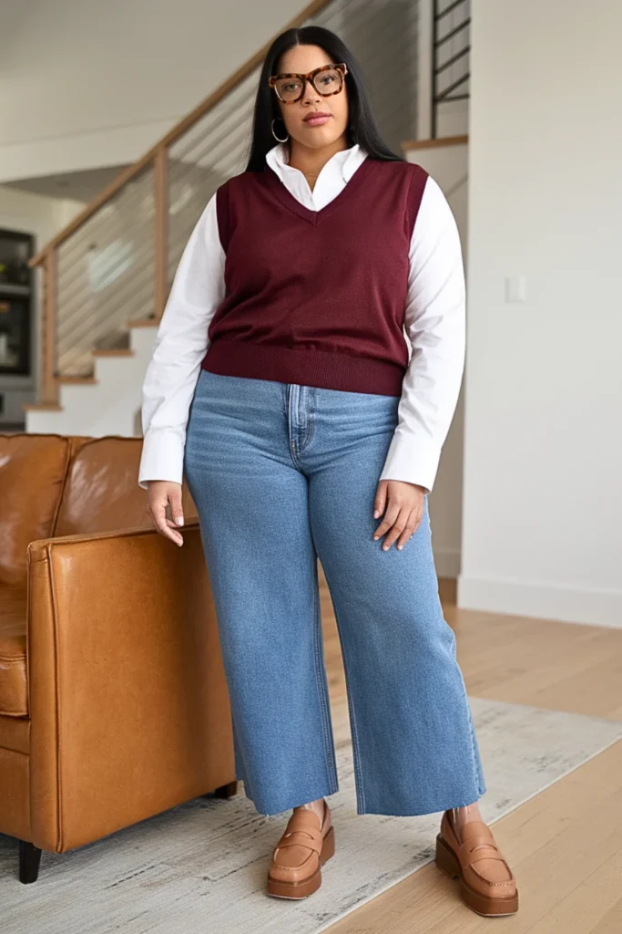 Plus Size Burgundy Knit Vest with White Button-Down Outfit