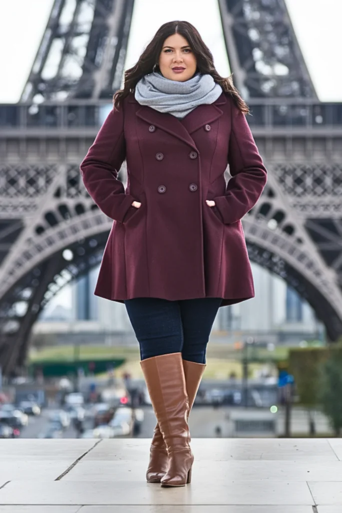 Plus Size Burgundy Longline Peacoat with Slim Jeans Outfit