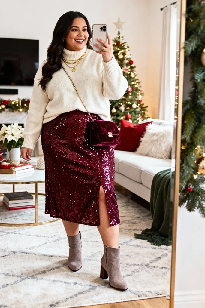 Plus Size Burgundy Sequin Midi Skirt With Cashmere Turtleneck Outfit