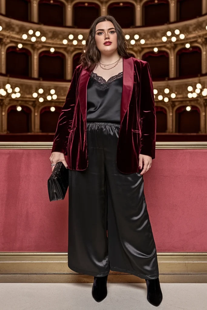 Plus Size Burgundy Velvet Blazer with Satin Pants Outfit