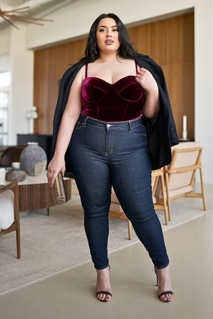 Plus Size Bustier Top with High Waisted Jeans Outfit