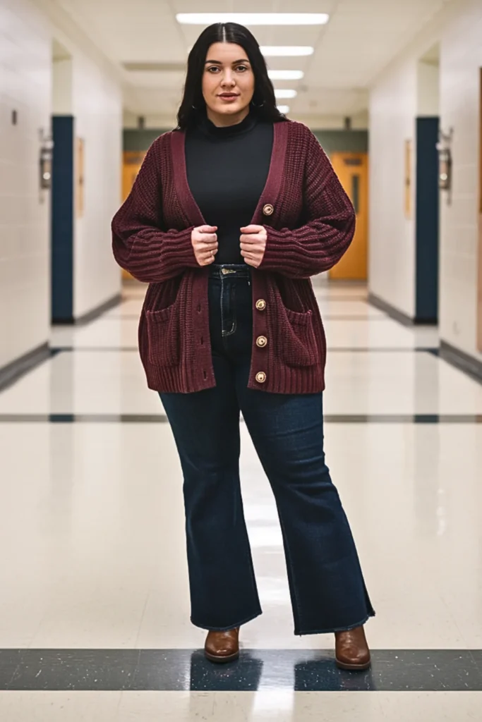 Plus Size Button Front Cardigan and Mock Neck Outfit