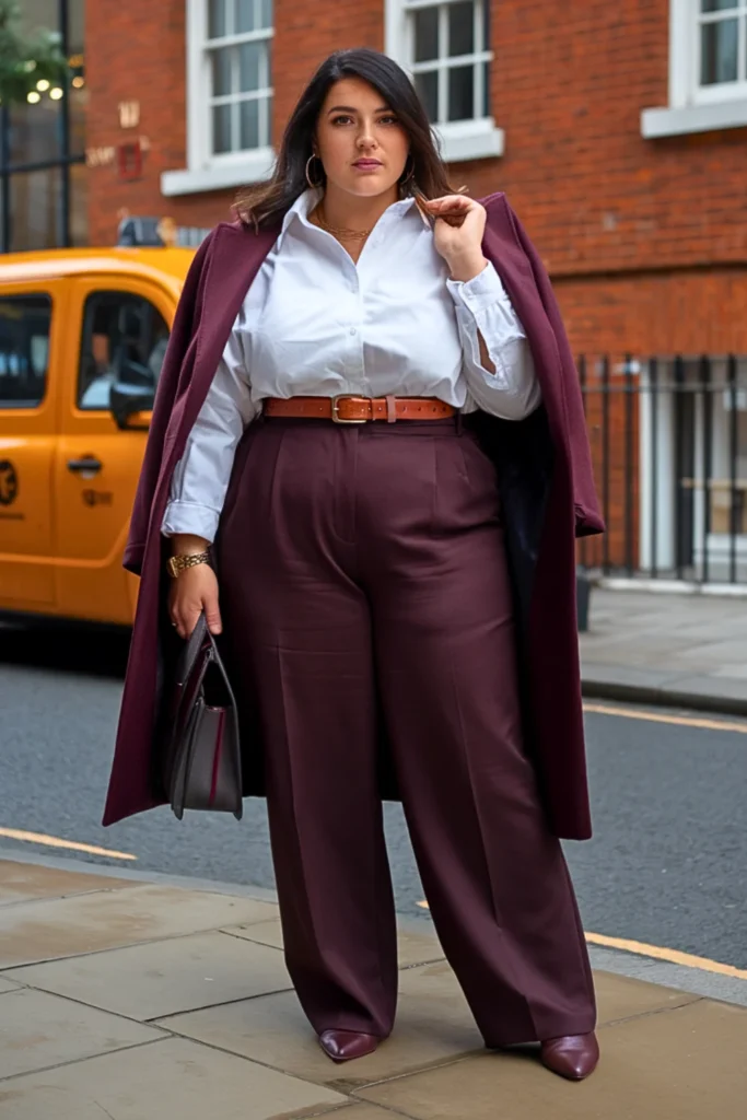 Plus Size Button-Up Shirt with Wide-Leg Trousers Outfit