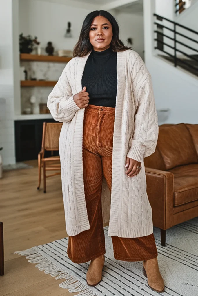 Plus Size Cable Knit Cardigan with Corduroy Pants Winter Outfit