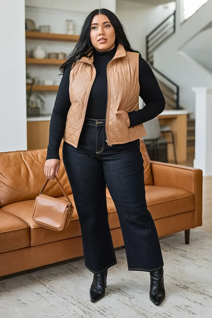 Plus Size Camel Puffer Vest with Black Turtleneck Outfit