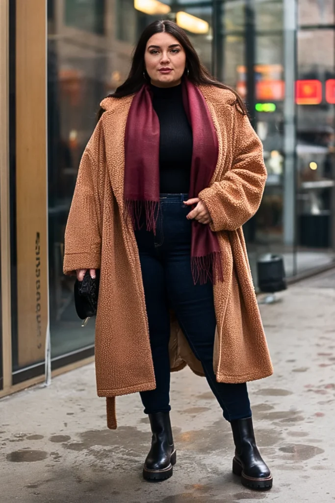 Plus Size Camel Teddy Coat with Black Turtleneck Winter Outfit