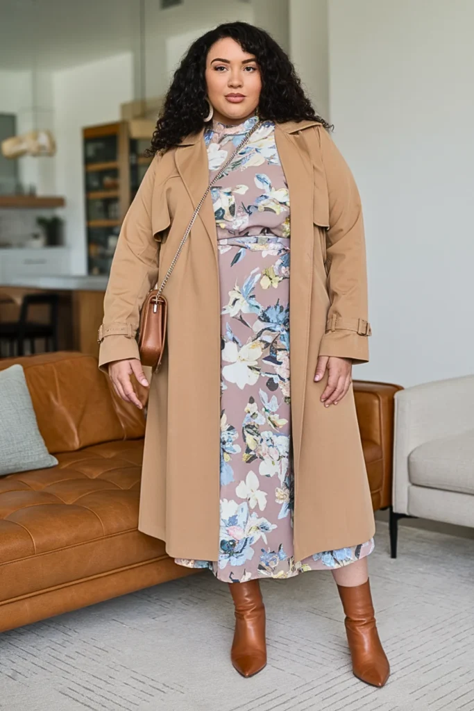 Plus Size Camel Trench Coat Over Floral Midi Dress Outfit