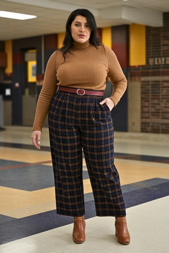 Plus Size Camel Turtleneck and Plaid Trouser Outfit
