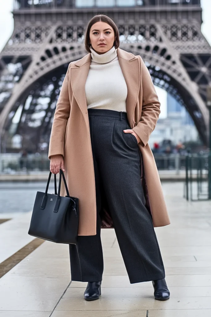 Plus Size Camel Wool Tailored Coat with Wide-Leg Trousers Outfit
