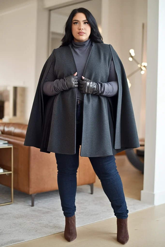 Plus Size Cape Coat With Turtleneck And Skinny Jeans Outfit