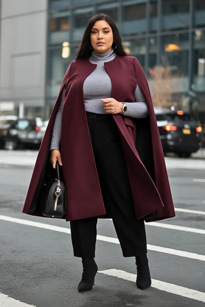 Plus Size Cape Coat with Slim Bottoms Winter Outfit