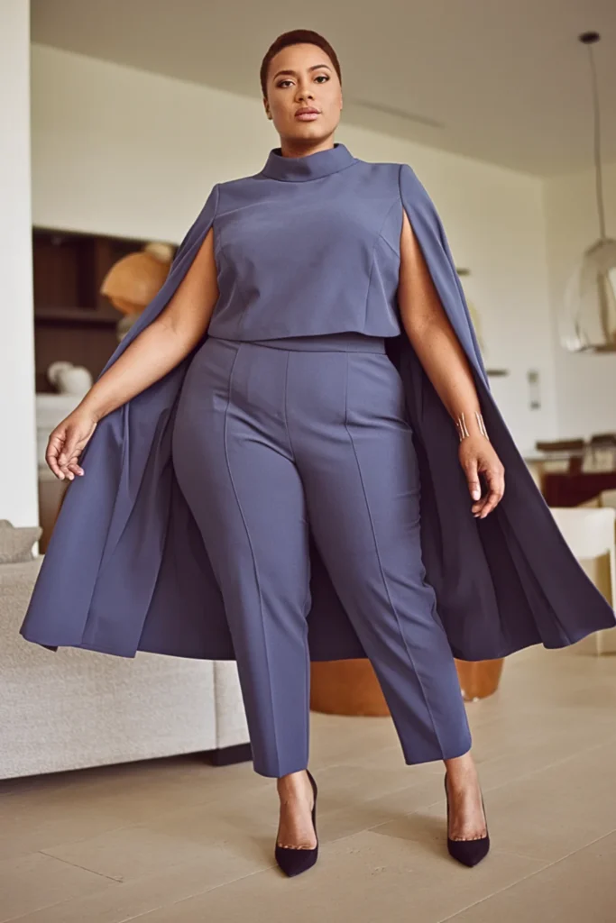 Plus Size Cape Sleeve Top with Cigarette Pants Outfit