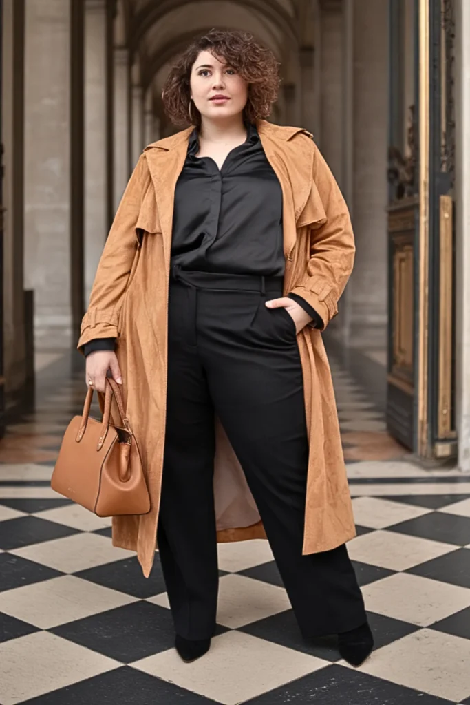 Plus Size Caramel Suede Trench with Monochrome Base Outfit