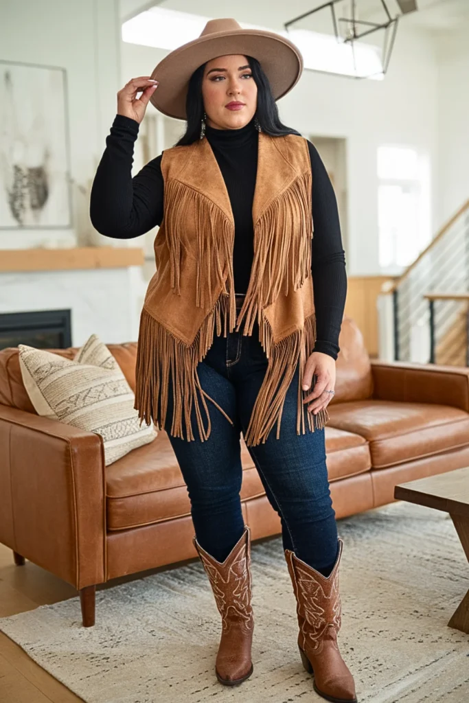 Plus Size Caramel Suede Vest with Turtleneck Outfit