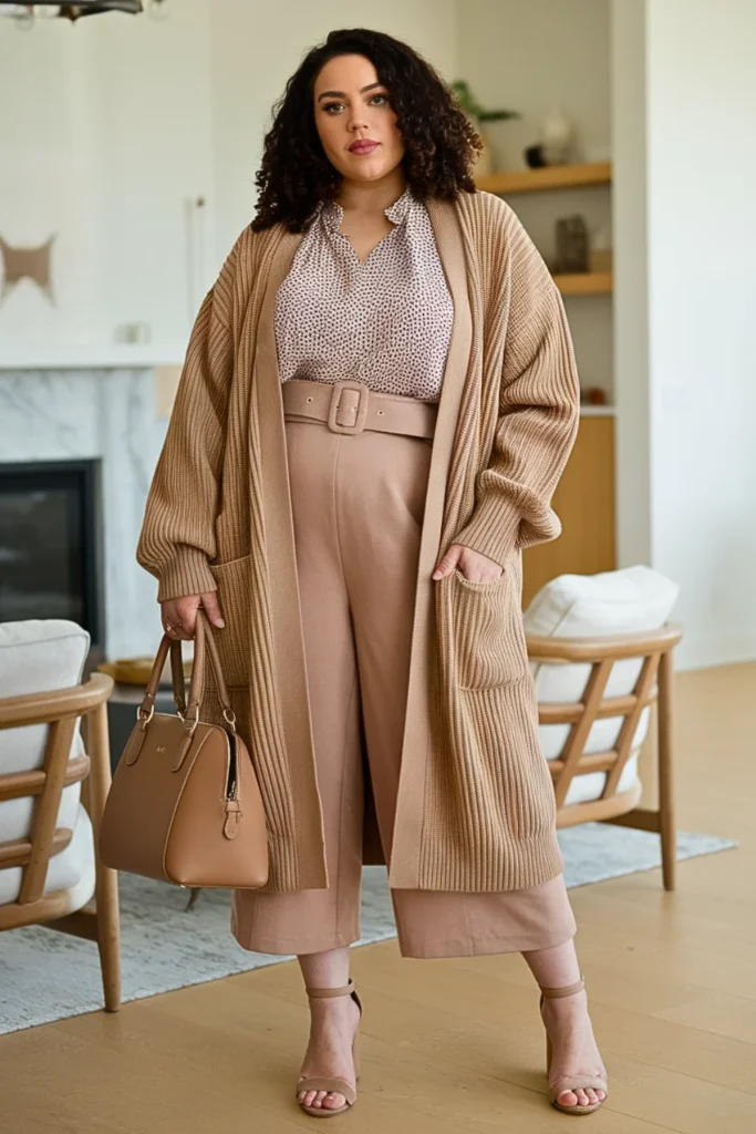 Plus Size Cardigan Coat With Blouse And Culottes Outfit