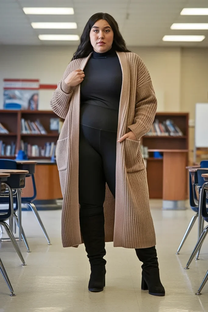 Plus Size Cardigan Coat and Turtleneck Outfit