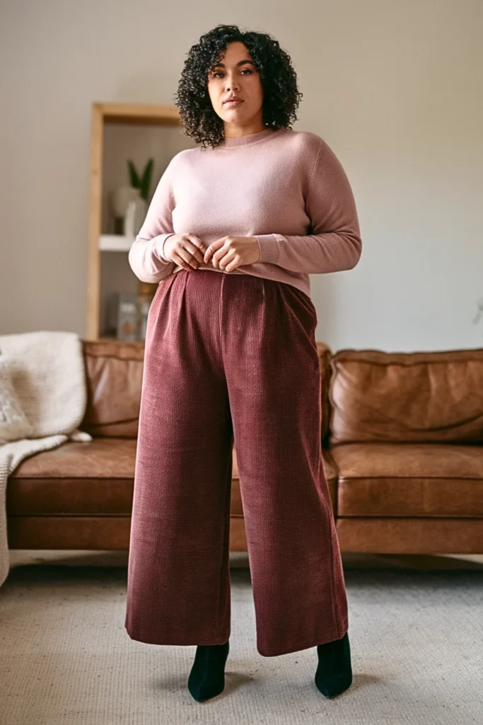 Plus Size Cashmere Blend Crewneck with Corduroy Trousers Outfit