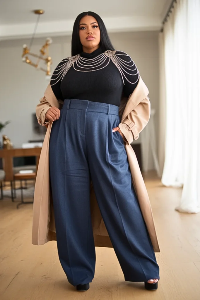 Plus Size Chain Detail Top with Trousers Outfit