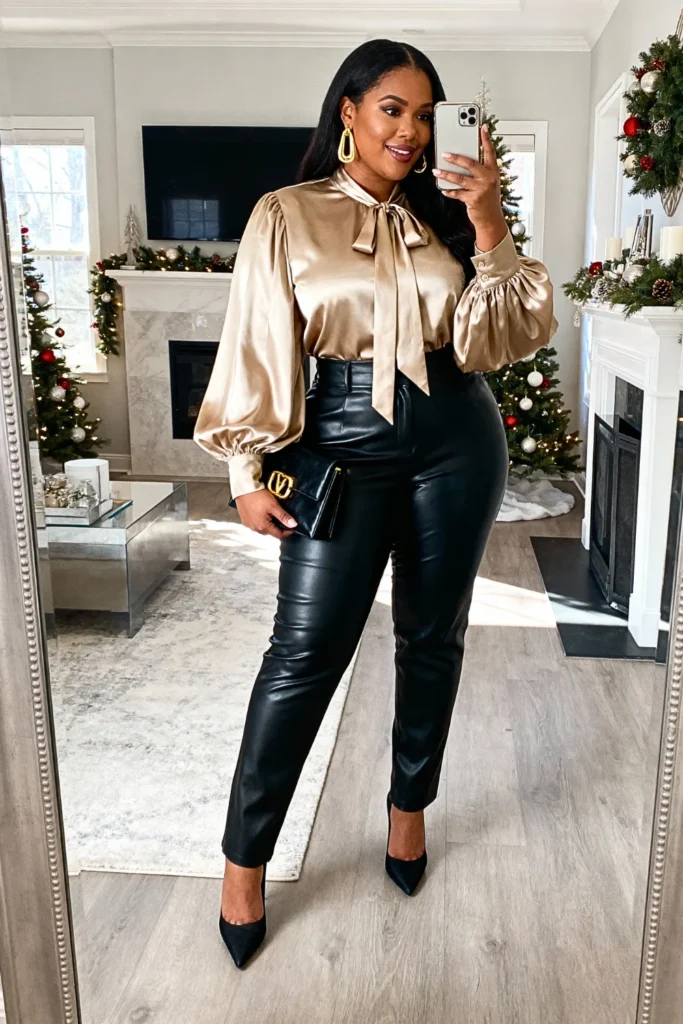 Plus Size Champagne Satin Blouse with Black Leather Pants Outfit