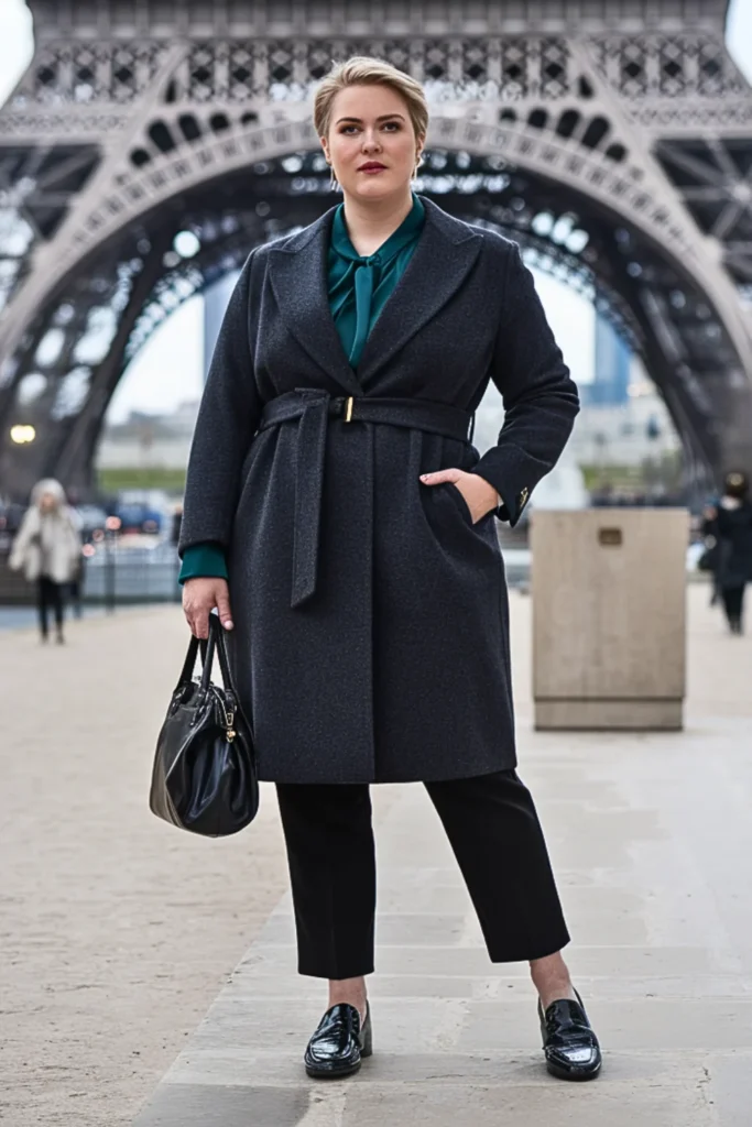 Plus Size Charcoal Belted Coat with Cigarette Pants Outfit