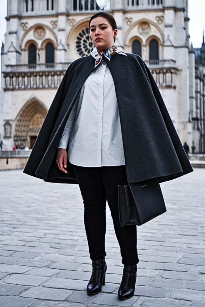 Plus Size Charcoal Cape Coat with Sleek Underneath Outfit