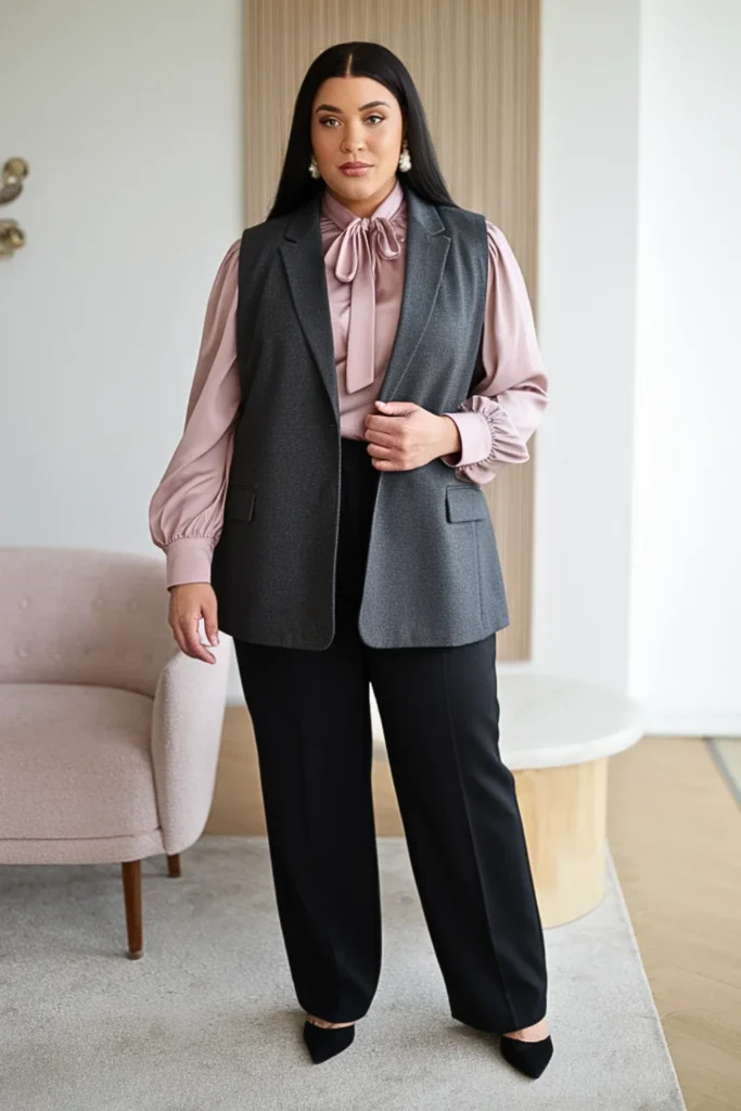 Plus Size Charcoal Gray Wool Blend Vest with Blouse Outfit