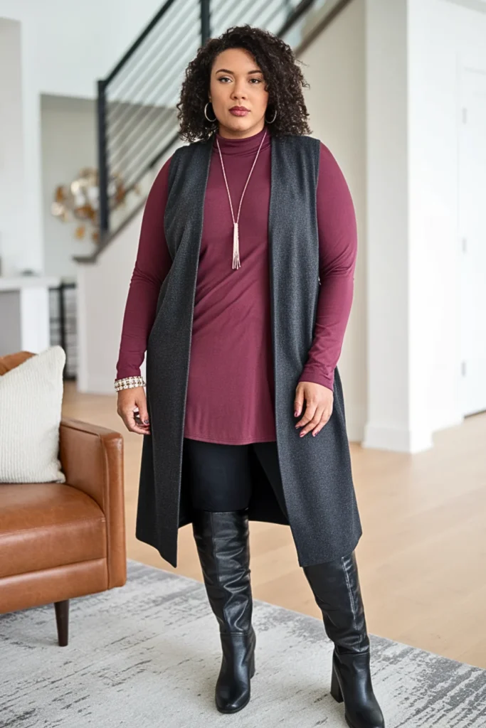 Plus Size Charcoal Longline Vest with Leggings and Tunic Outfit