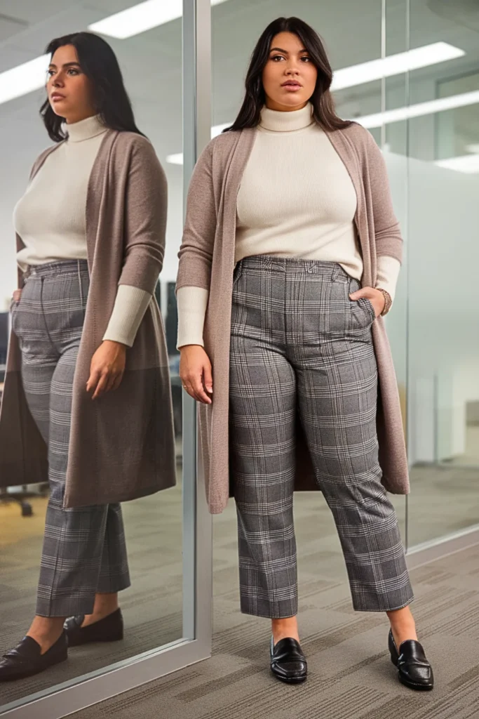 Plus Size Checked Trousers with Neutral Sweater and Fitted Cardigan