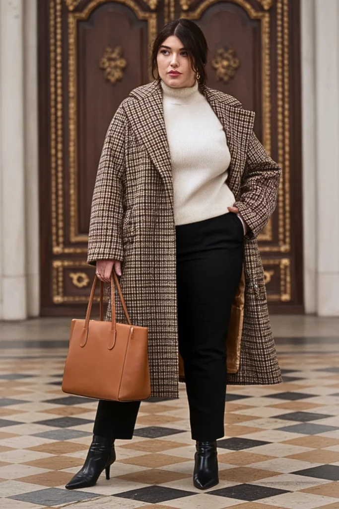 Plus Size Checked Wool Coat with Slim Silhouette Outfit