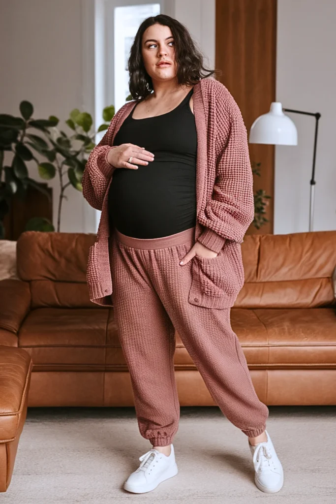 Plus Size Chenille Cardigan with Fitted Tank and Joggers Outfit