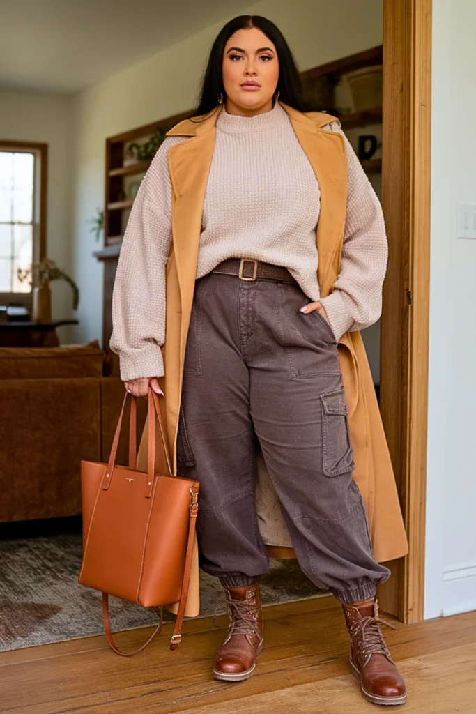 Plus Size Chenille Sweater with Cargo Pants Contemporary Look