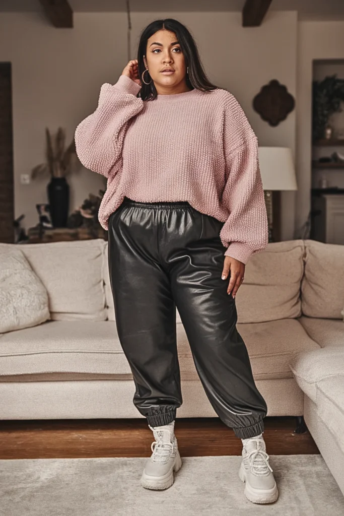 Plus Size Chenille Sweater with Leather Look Joggers Outfit