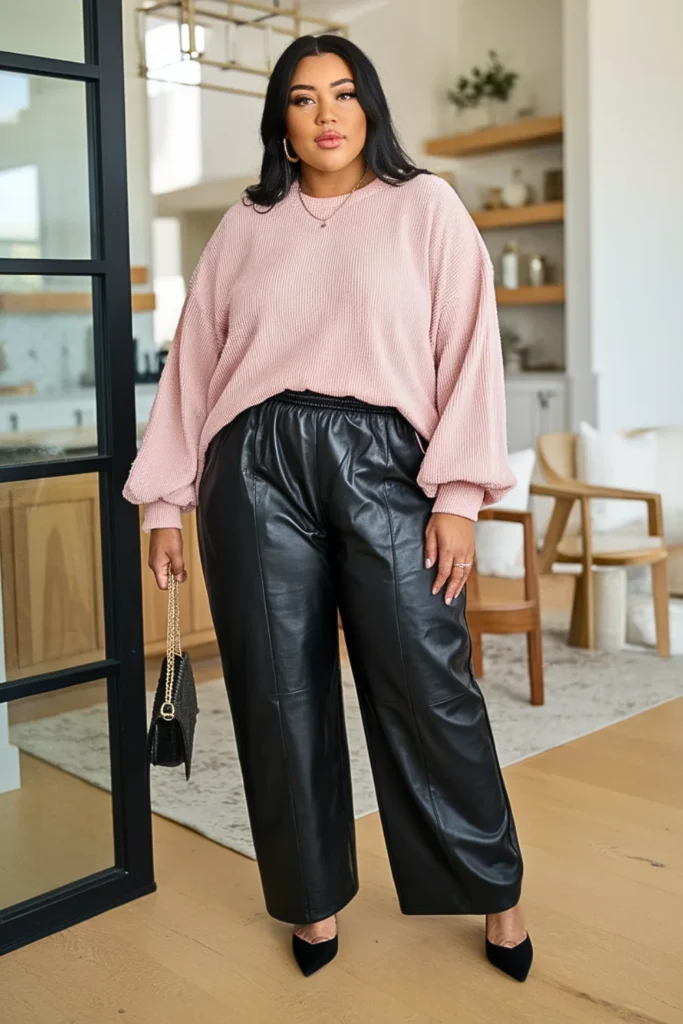 Plus Size Chenille Sweater with Leather Pants Winter Outfit