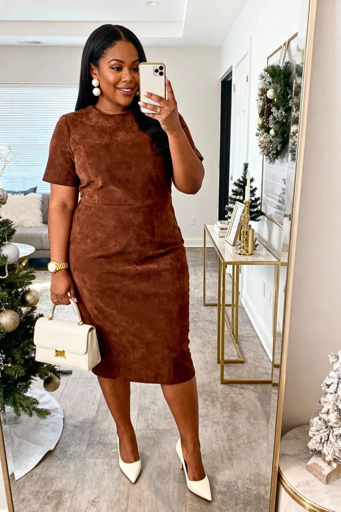 Plus Size Chocolate Brown Suede Dress with Cream Accessories Outfit