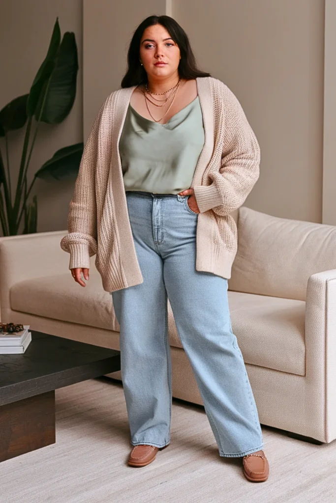 Plus Size Chunky Cardigan With Camisole And Straight Jeans Outfit