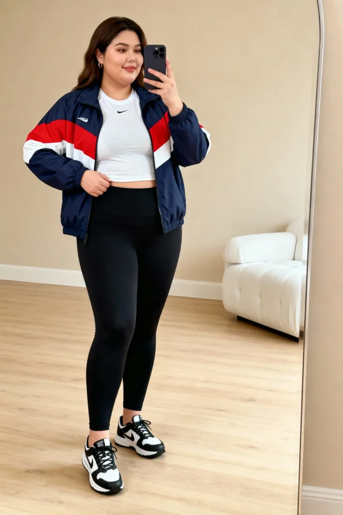 Plus Size Color Blocked Tech Jacket with Fitted Leggings Athletic Gym Outfit