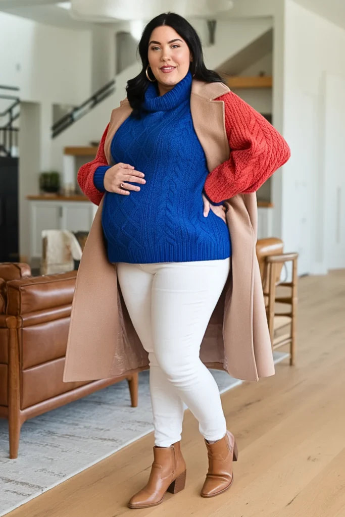 Plus Size Color Cable Sweater with White Jeans Outfit
