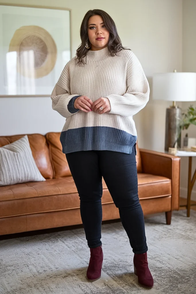 Plus Size Color Dipped Sweater with Coated Jeans Outfit