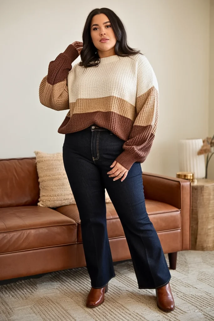 Plus Size Colorblock Knit Sweater with Dark Wash Denim Outfit