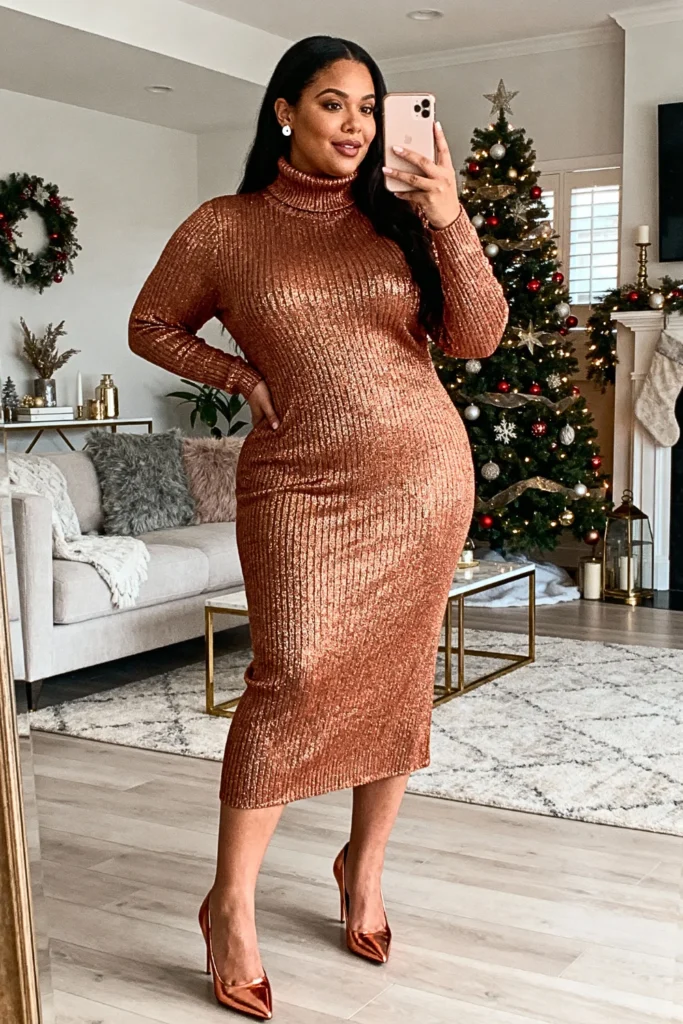 Plus Size Copper Metallic Knit Dress With Turtleneck Design Outfit
